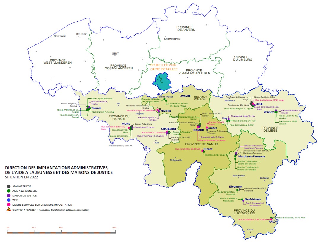 Carte Belgique - Implantations administratives, de l'aide à la jeunesse et des maisons de justice